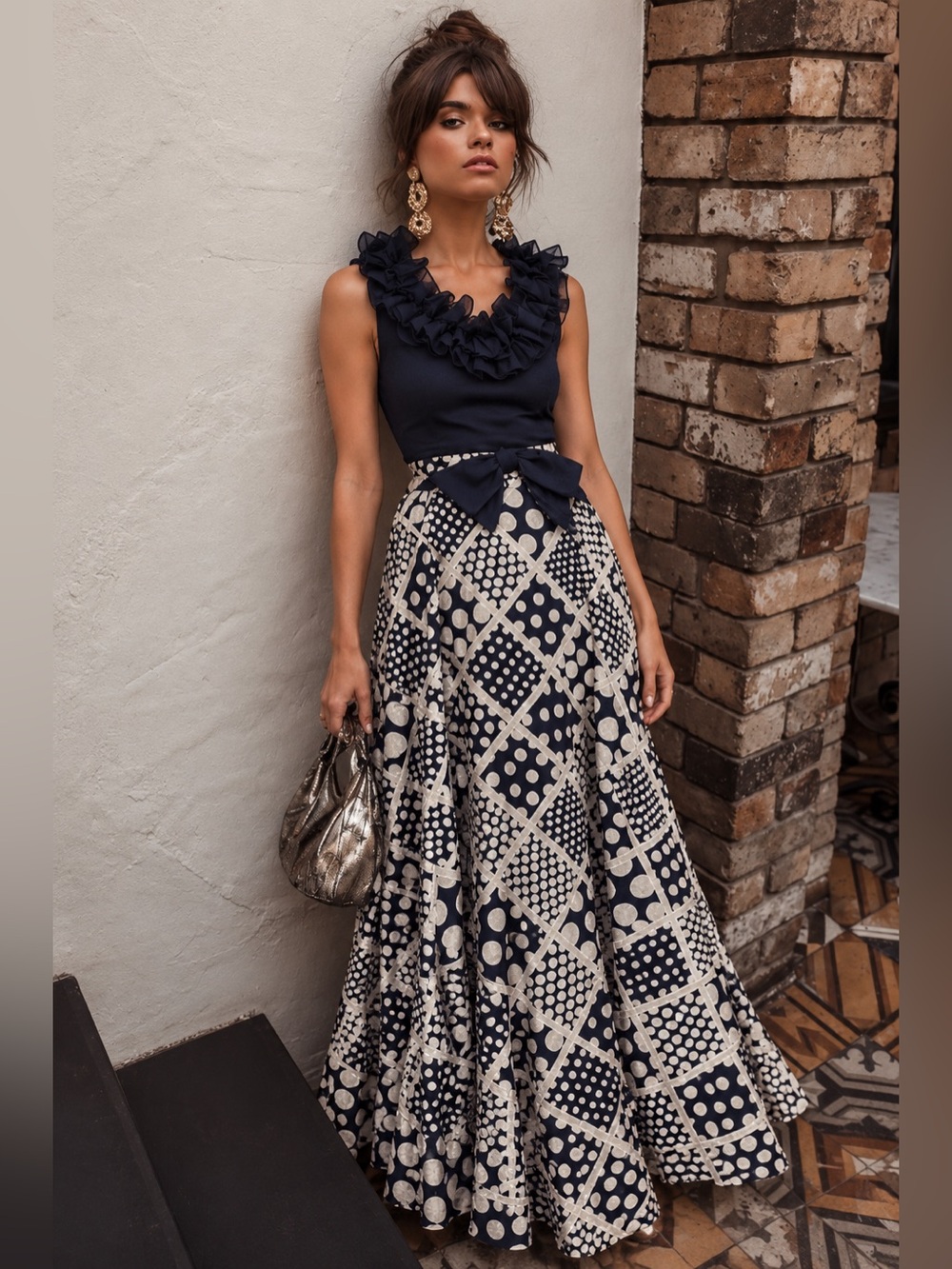 Vintage 70s Miss Elliette California Polka Dot Boho Ruffle Bow Mod Maxi Dress